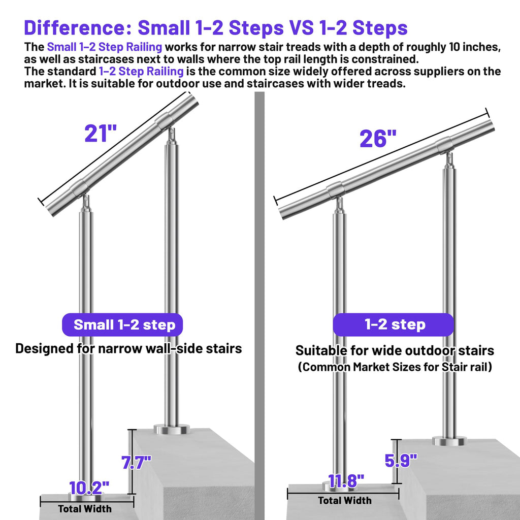 Outdoor 2 Step Handrail, DIY 304 Stainless Steel Transitional Hand Rails with Installation Kit, Silver Porch Stair