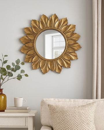 Sunflower Sunburst Wall Mirror, 26" Distressed Gold Wooden Frame