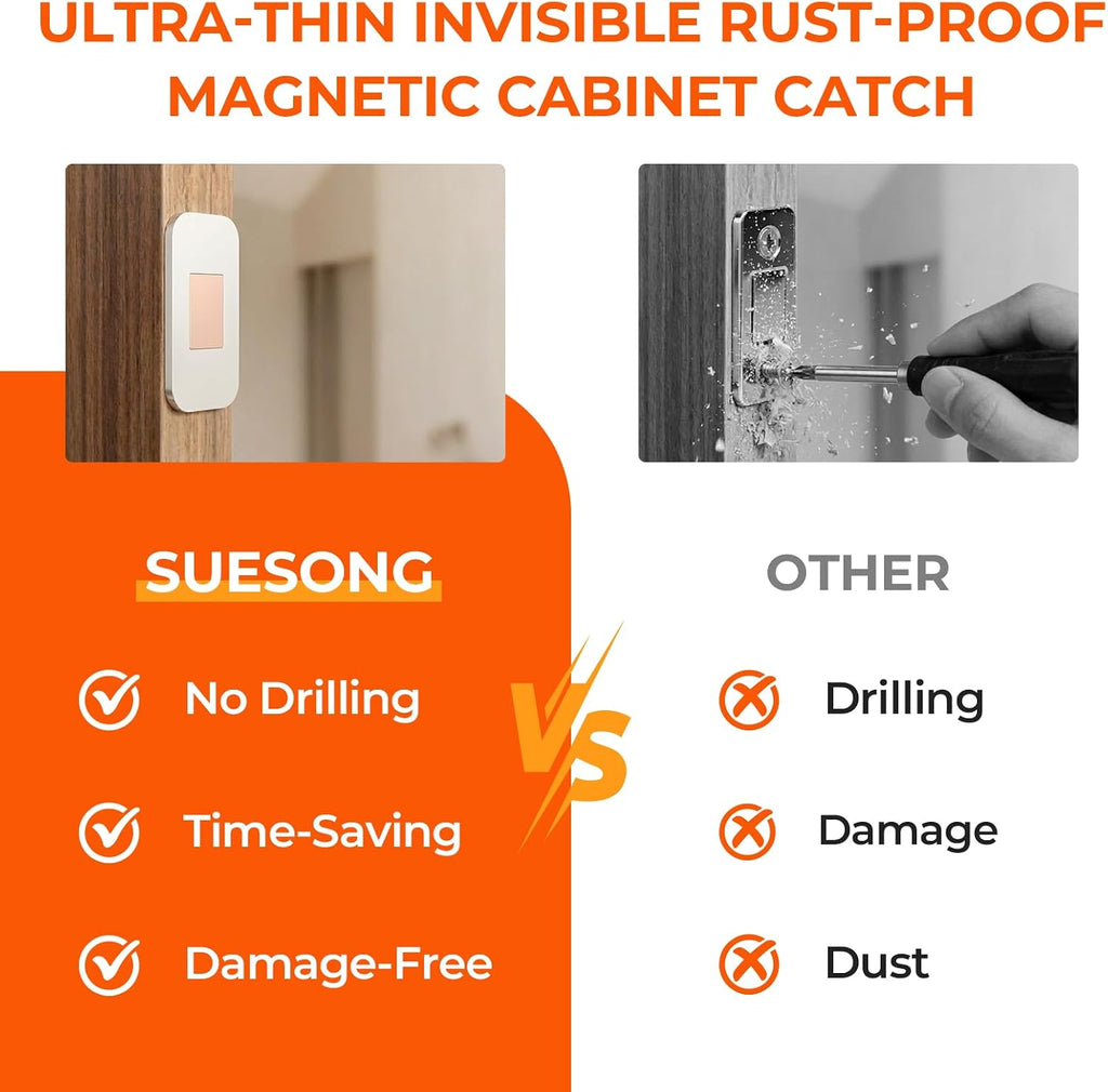 4 Pack Magnetic Cabinet Door Catch, No Drill, Silver, Small Fix Set | Embedded magnet; stainless steel body; 16