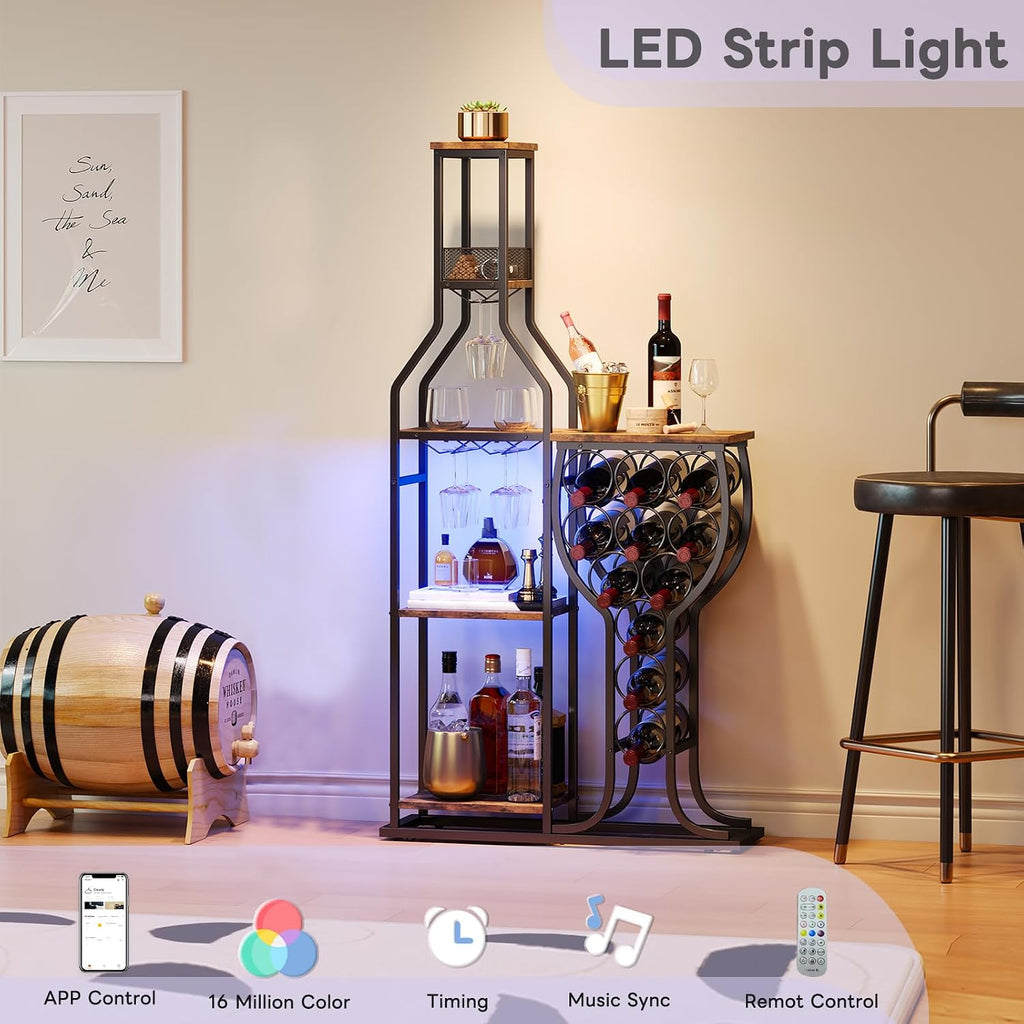 Liquor Cabinet Bar, 5-Tier Wine Rack Freestanding Floor with Wine Glass Holder, Mini Bar Stand with 11 Wine Bottles