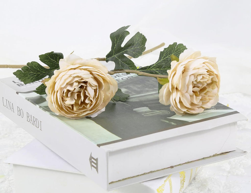 Beige Peonies Artificial Flowers Silk Peonies with Stems Real Look Fake Peony Table Decorations Wedding Faux - Set of 10