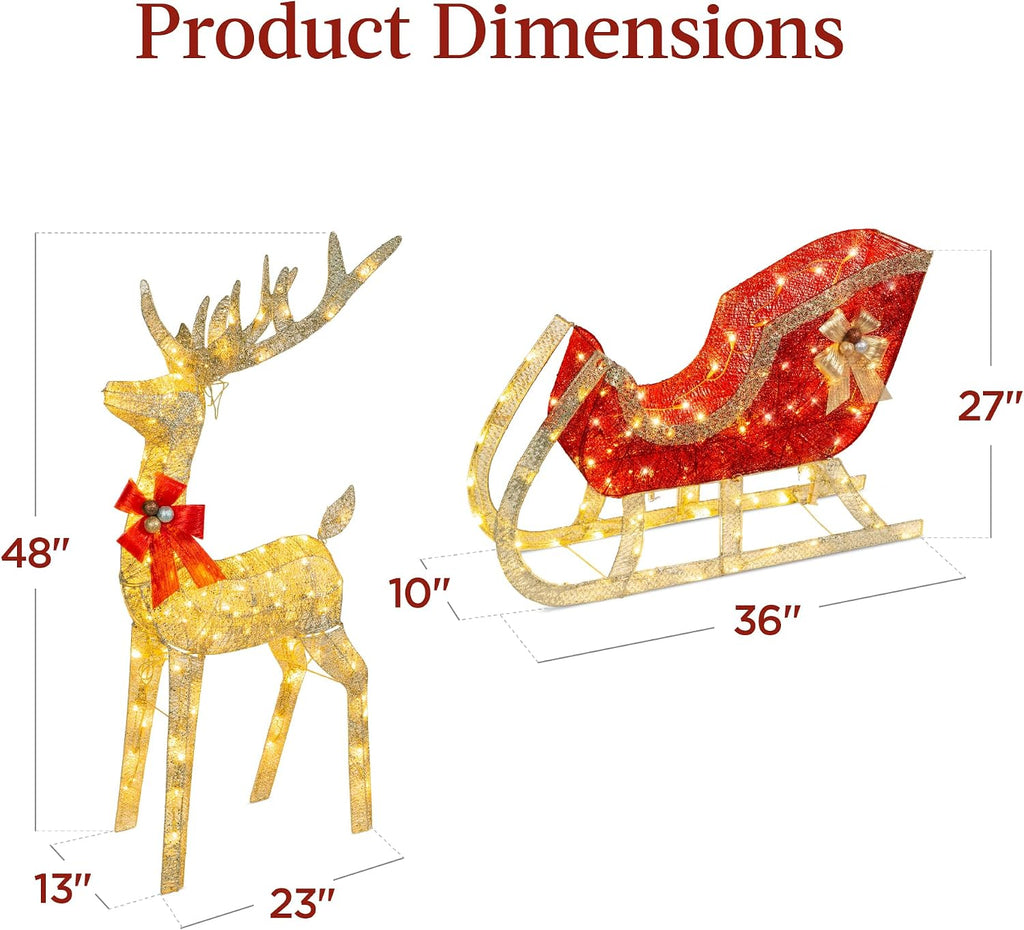 Lighted Christmas 4ft Reindeer & Sleigh Holiday Outdoor Yard Decoration Set w/ 205 LED Lights, Stakes, Zip Ties - Gold
