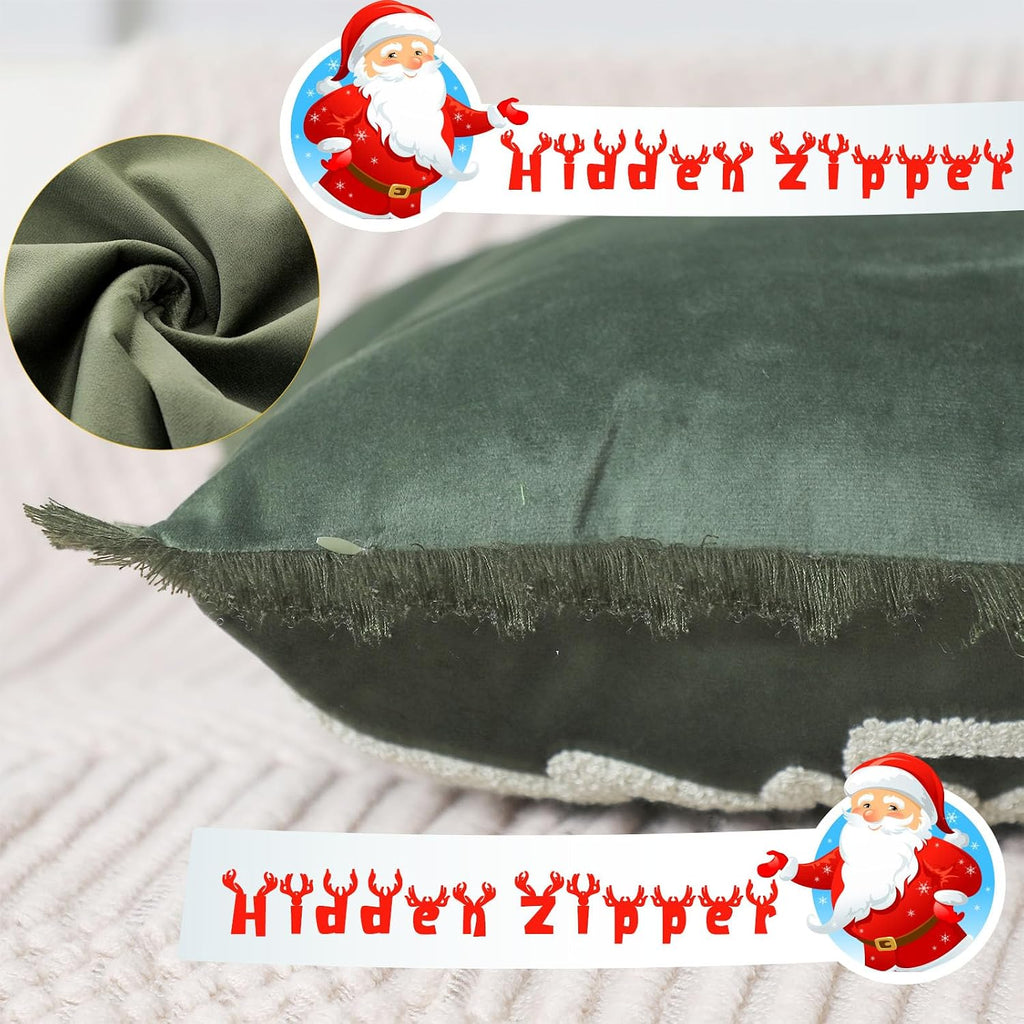 Velvet Christmas Pillow Covers 18x18 Inch Fringe Christmas Tree Embroidery Pillowcase Dutch Velvet Boho - Set of 2