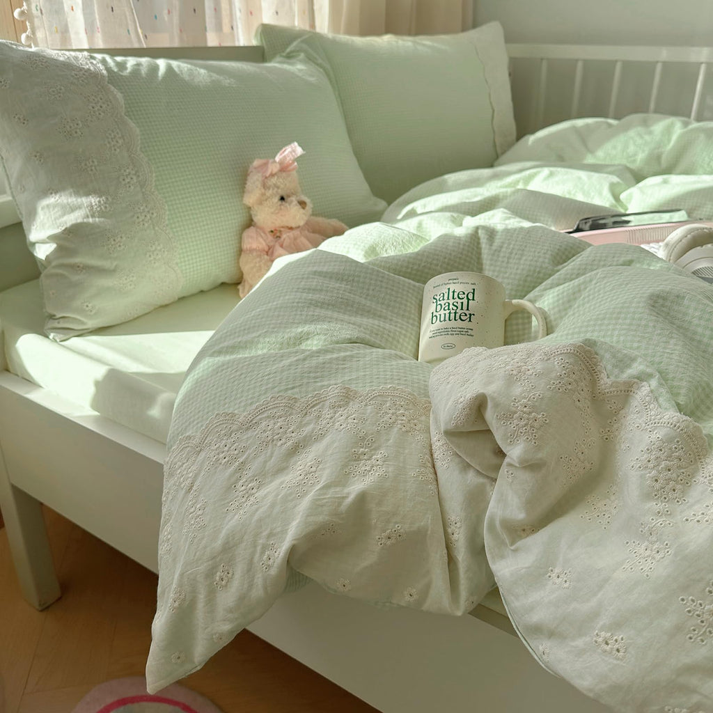 Green Gingham Comforter Set Romantic Lace Style Checkered Pattern Comforter Set Farmhouse Green Grid Plaid