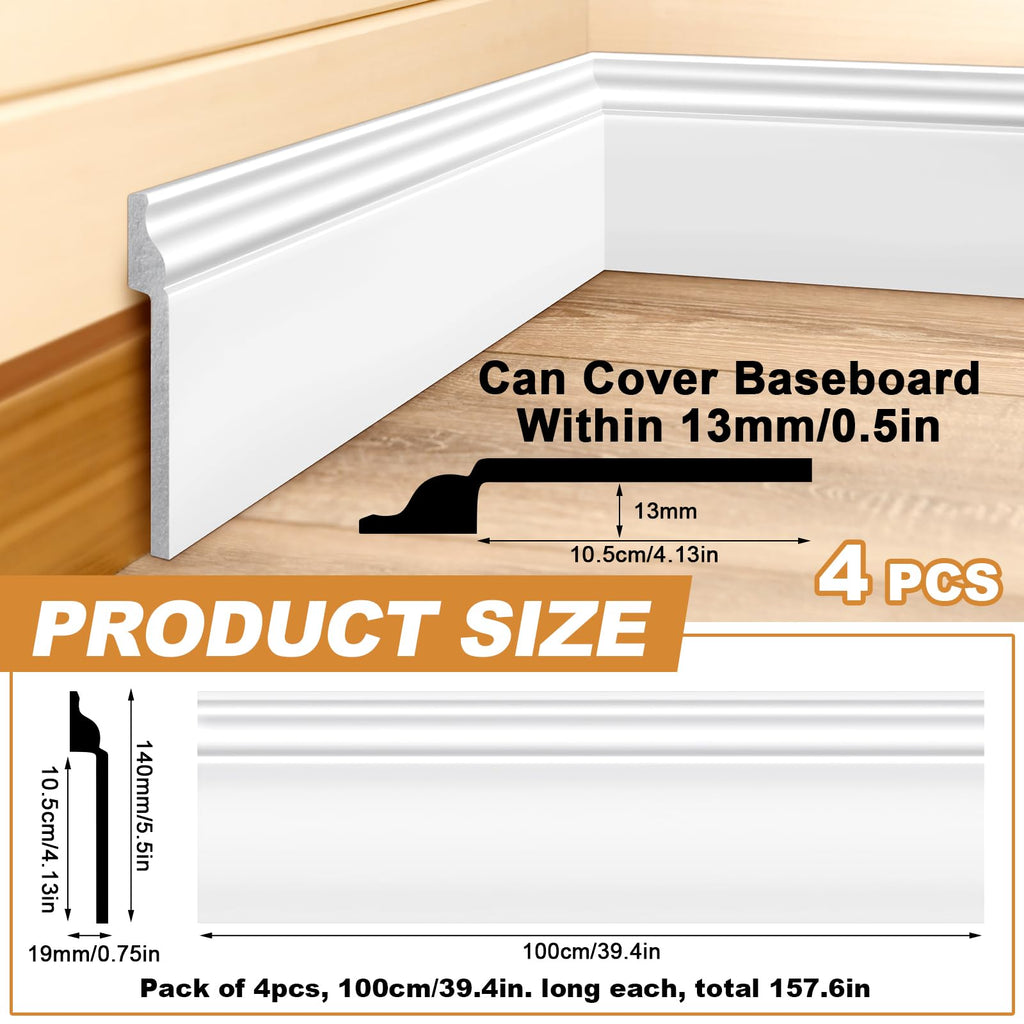 4 Pcs 39.4 x 5.5 in White Wall Baseboard Covers Skirting Board Covers for 4.13 x 0.5in Baseboard Trim Polystyrene