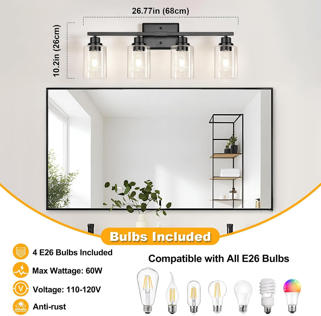 Modern Black Bathroom Light Fixtures, 4-Light Vanity Lights Over Mirror with E26 LED Bulbs Included, Wall Sconce with