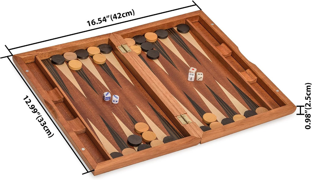 Wooden Inlaid Backgammon Set, Dorne - with Wooden Playing Pieces and Accessories, 13-inch Board