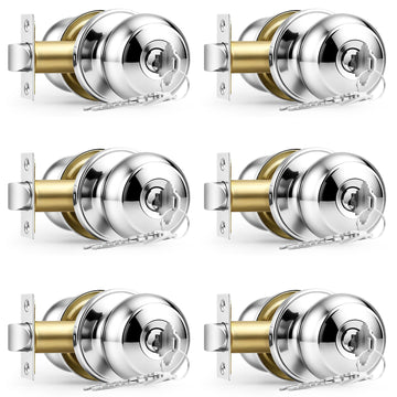 Door Knobs Polished Chrome Finish, Exterior Interior Entry Door Lock with Same Key, 6 Pack Entrance Door Lock Set