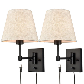Swing Arm Wall Sconces Set of Two Modern Black Sconce Light Plug in Wall Sconce with Shade, Black Swing Arm Wall Lamp