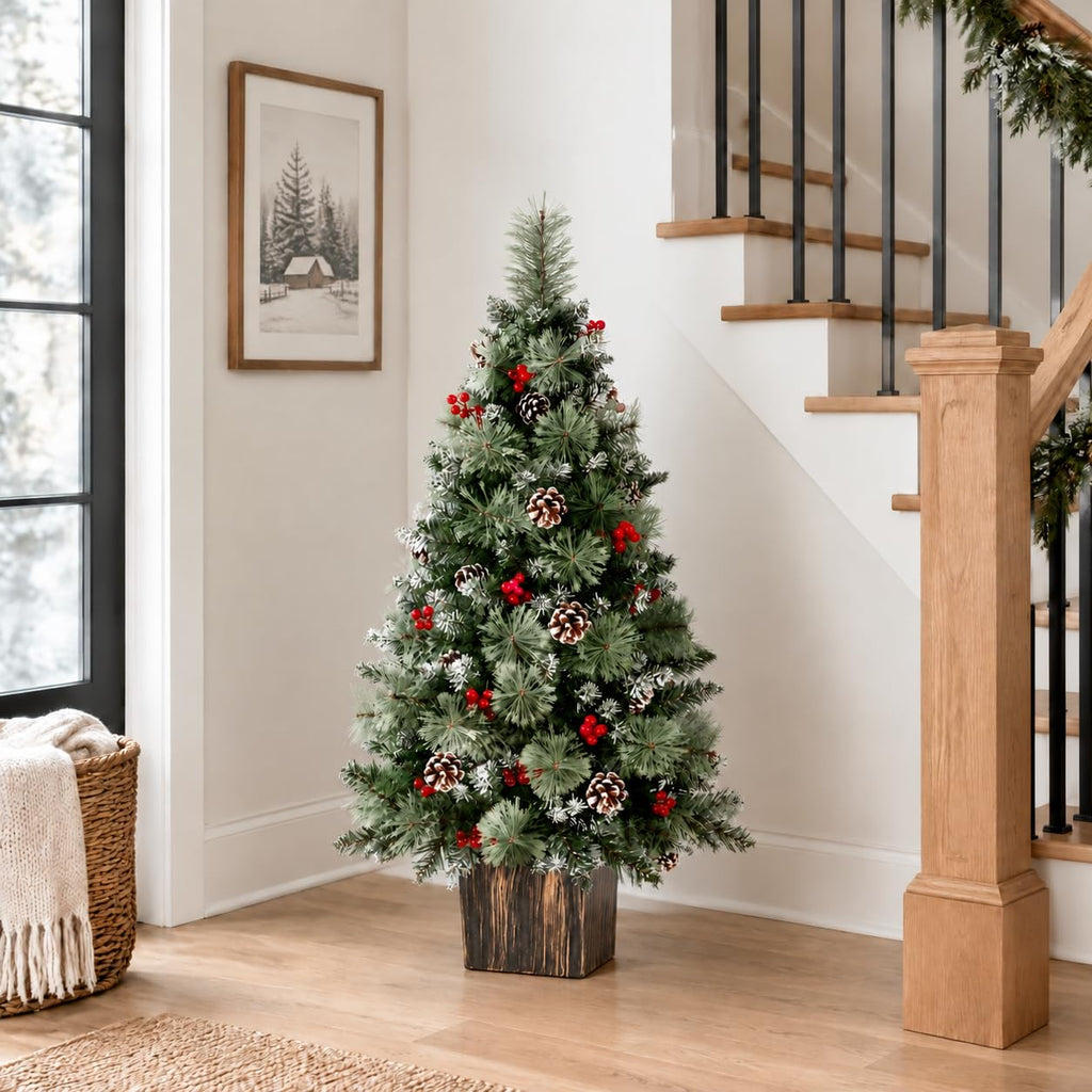 4FT Artificial Christmas Tree, Potted Tree with 100 LED Lights
