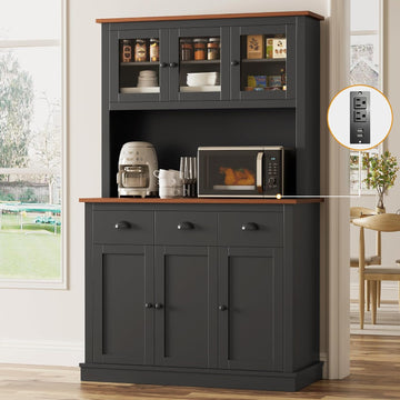 71" Kitchen Hutch with Charging Station, Tall Pantry Storage Cabinet with Microwave Stand, Adjustable Shelves, Slide