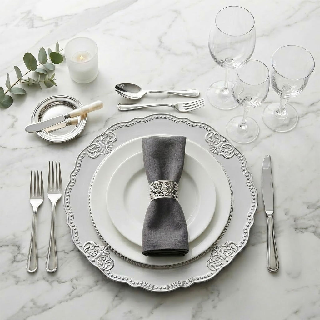 13-Inch Beaded Charger Plates, 6 Pcs Plastic Dinner Plate Chargers for Wedding Party and Event, Beaded Silver
