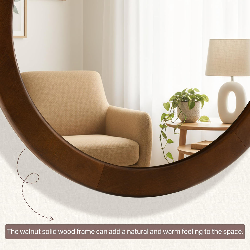 Round Mirrors 28 Inch,Wood Vanity Wall Rustic Mirror With Walnut Frame