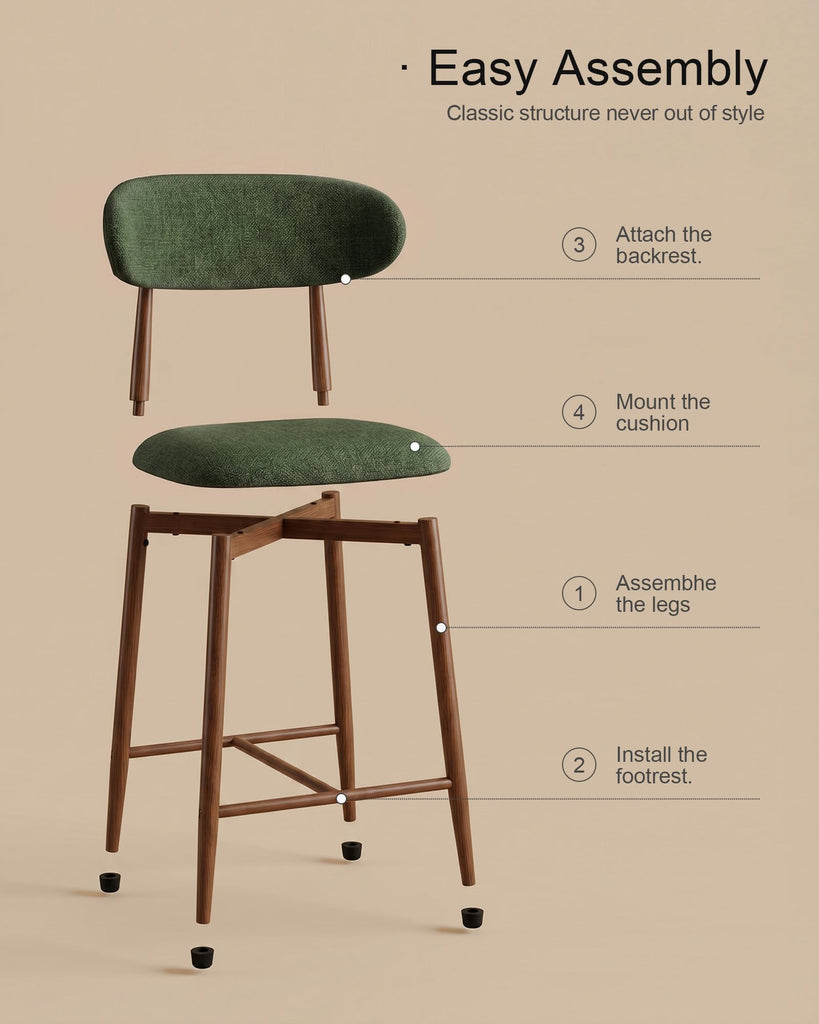 Metal Bar Stools Set of 2, 26′′ Counter Height Bar Stools with Backs, Mid Century Modern Upholstered Barstools