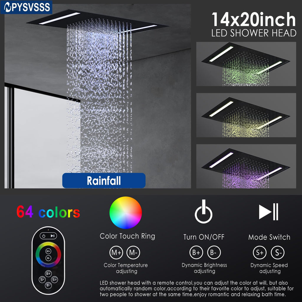 Dual Rain Shower Head System Faucet Set Ceiling Mount 14x20 Inch LED Head with 6 Inch Wall Head and Handheld Shower