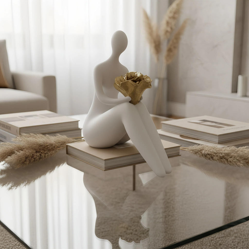 White Abstract Figure Statue with Flowers, Modern Resin Sculpture Decor, Minimalist Figurine Art Desk, Gift for Art