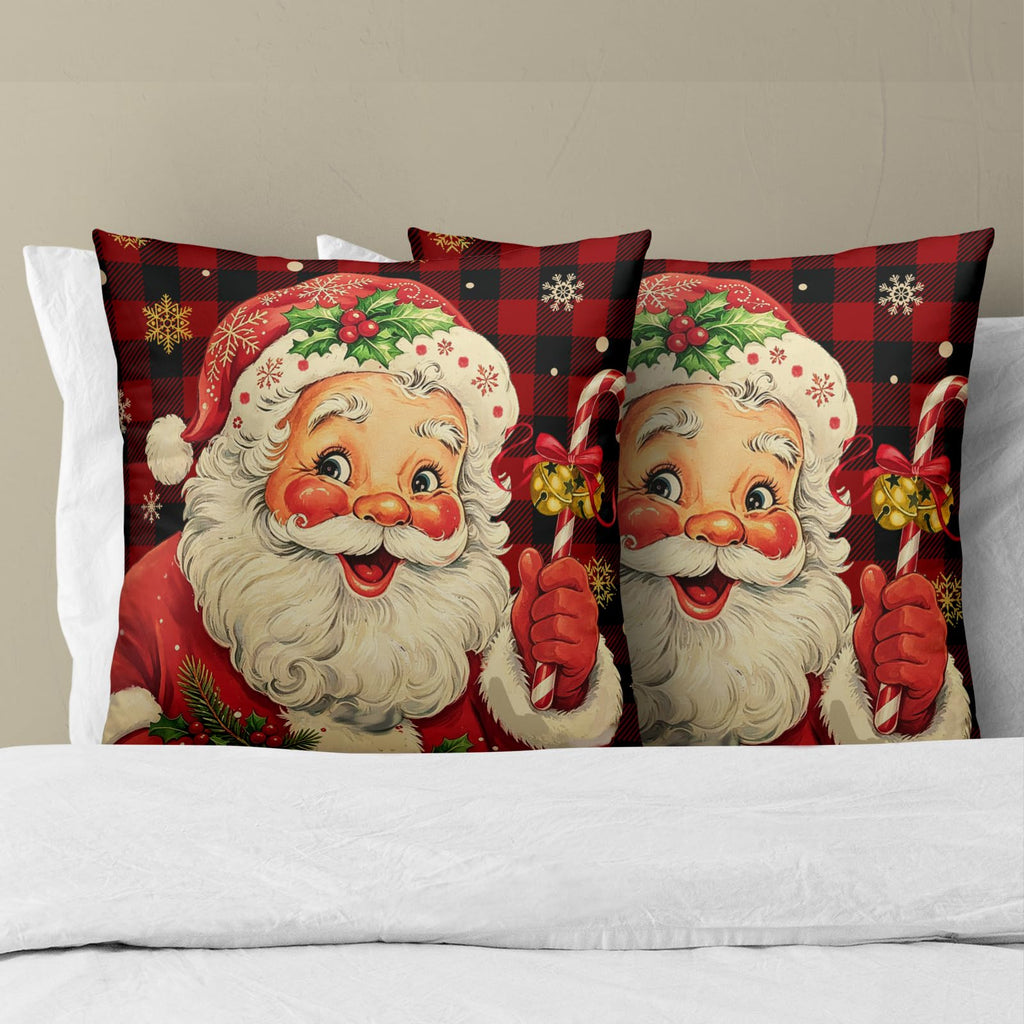 Vintage Christmas Pillow Covers Set of 2 Xmas Santa Claus Red Black Buffalo Plaid Cotton Throw Pillowcases Winter