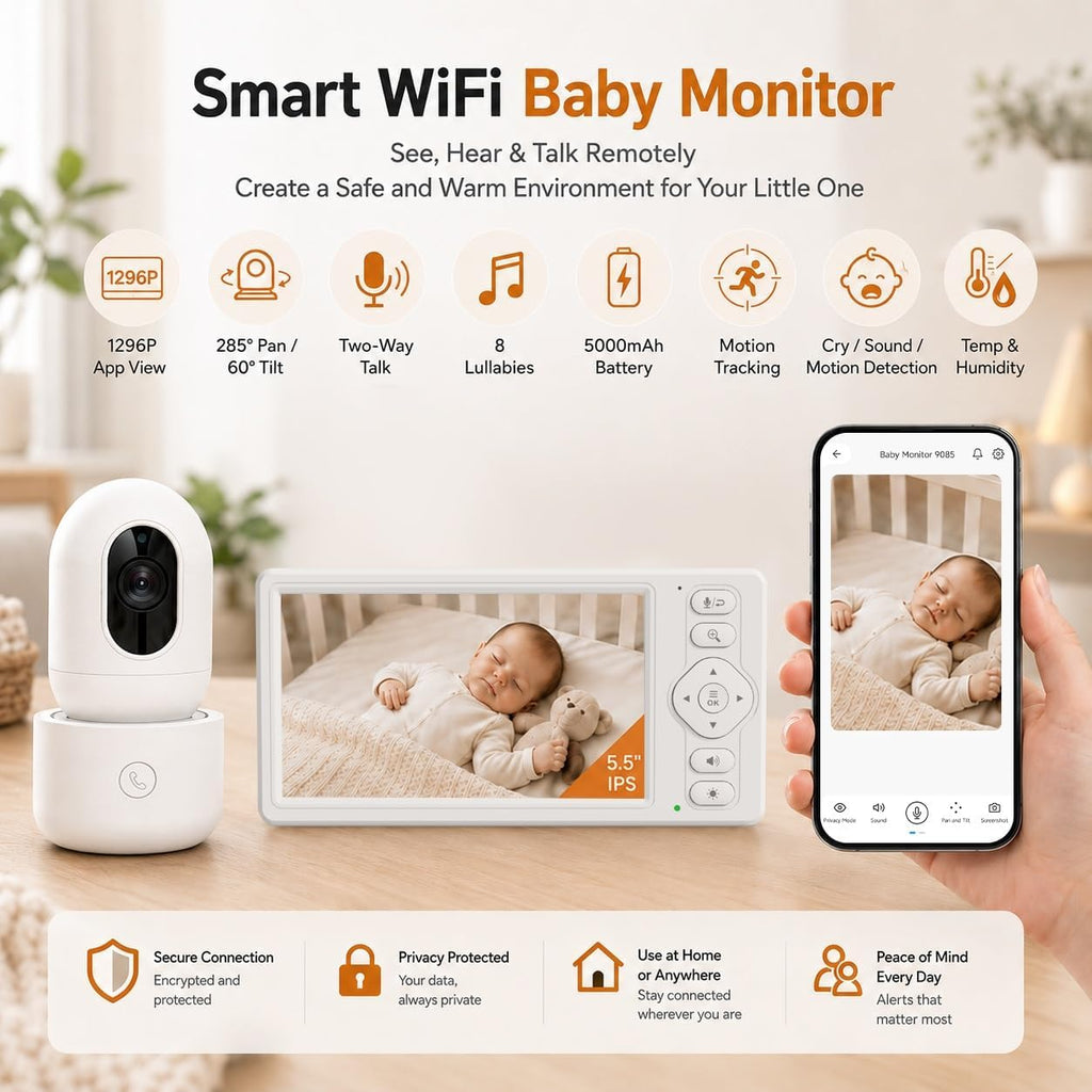 5. inch Smart WiFi Baby Monitor with Camera and Audio