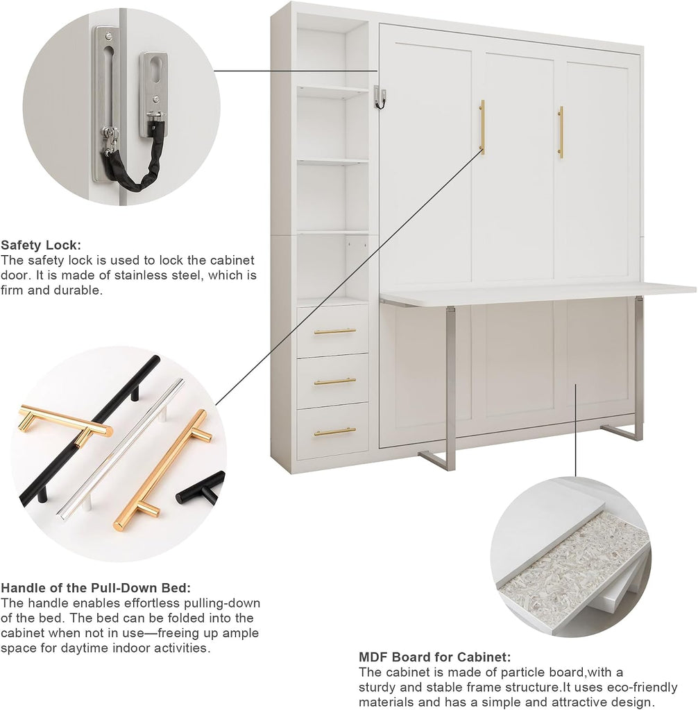 Queen Murphy Bed with Desk and Side Storage, Foldable Wall Bed with Drawers and Shelves, Space-Saving Cabinet Bed for