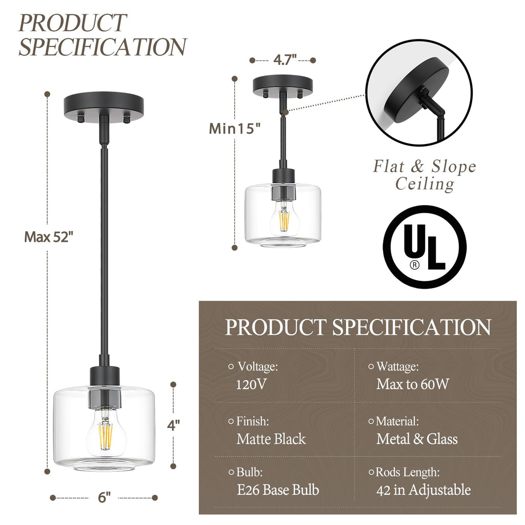 Glass Pendant Lights Kitchen Island, Modern Black Pendant Light
