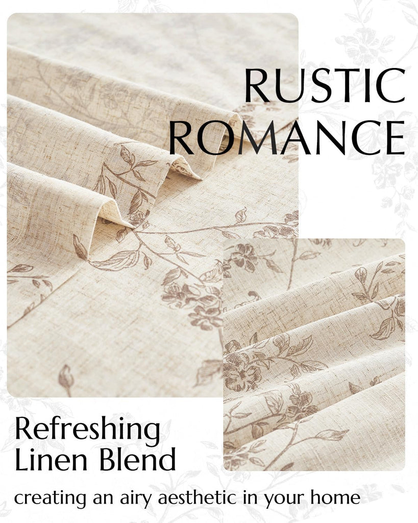 Linen Floral Curtains for Living Room 96 Inch Length Taupe Printed Curtains Back Tab French Country Farmhouse Flower