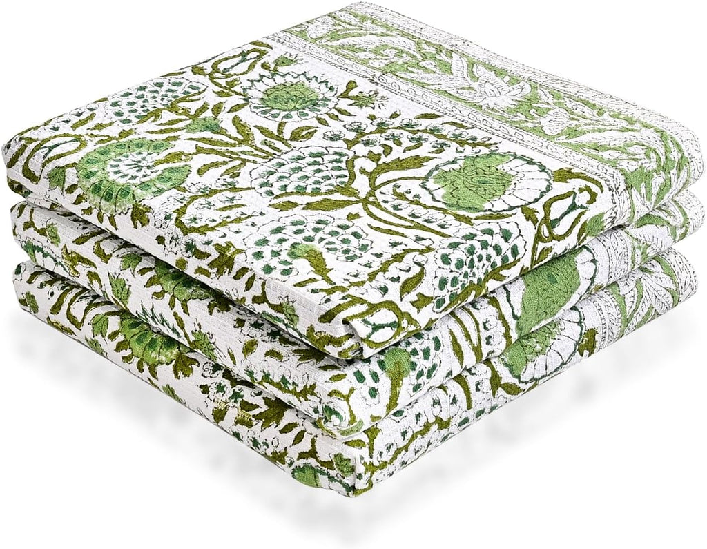 CPC Agate Green Hand Block Print Waffle Kitchen Towel Set of 3-16 x 28 Inch Ultra Absorbent Quick Dry Cotton Dish