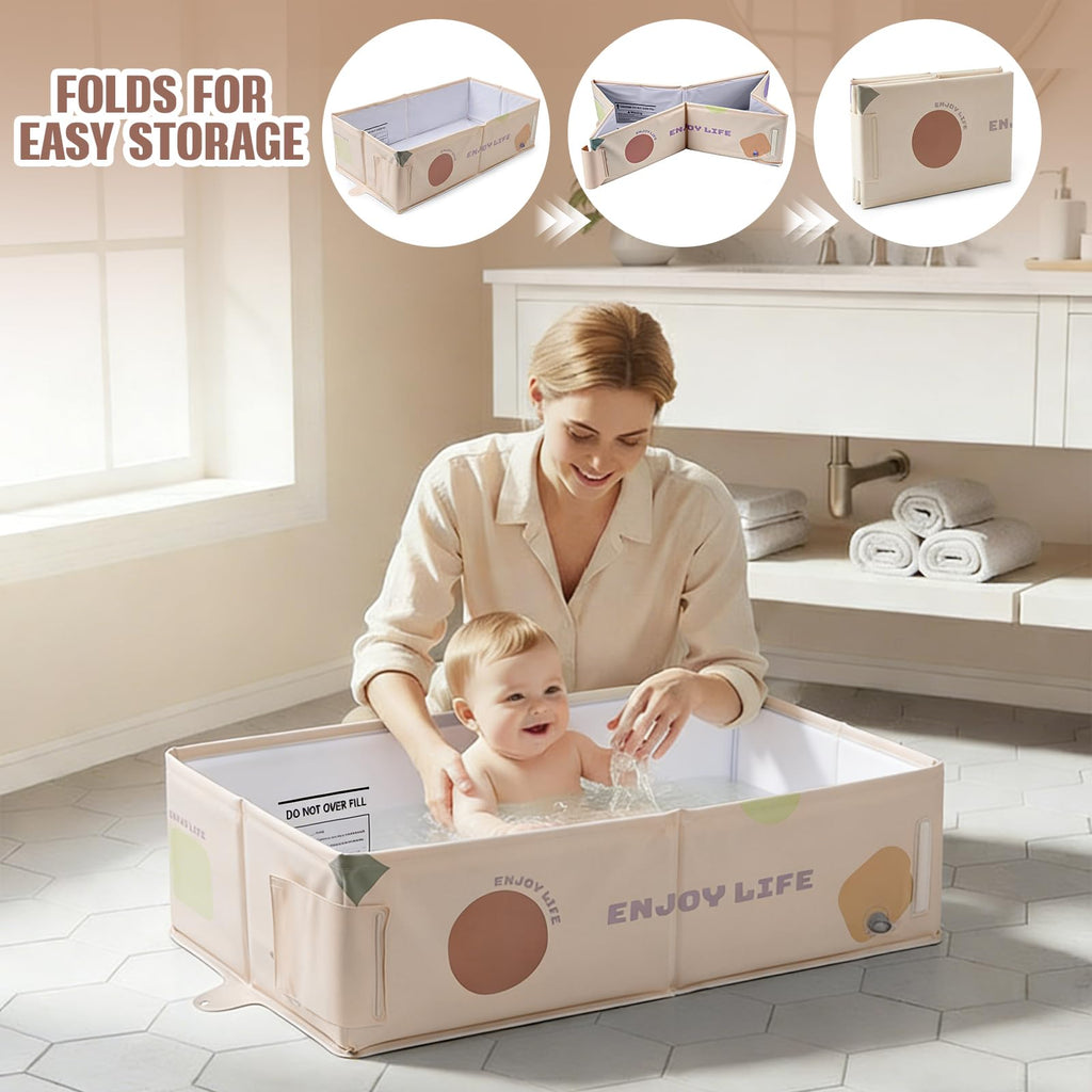 Foldable Baby Bathtub for 0-5 Years, Large and Portable, Beige