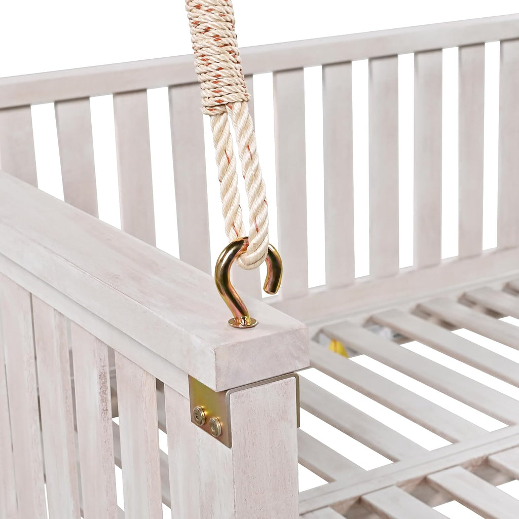 Twin Size Acacia Wood Porch Swing Bed with 4 Heavy Duty Ropes,Hanging Daybed Swing Bench for 2 People, 350 LBS