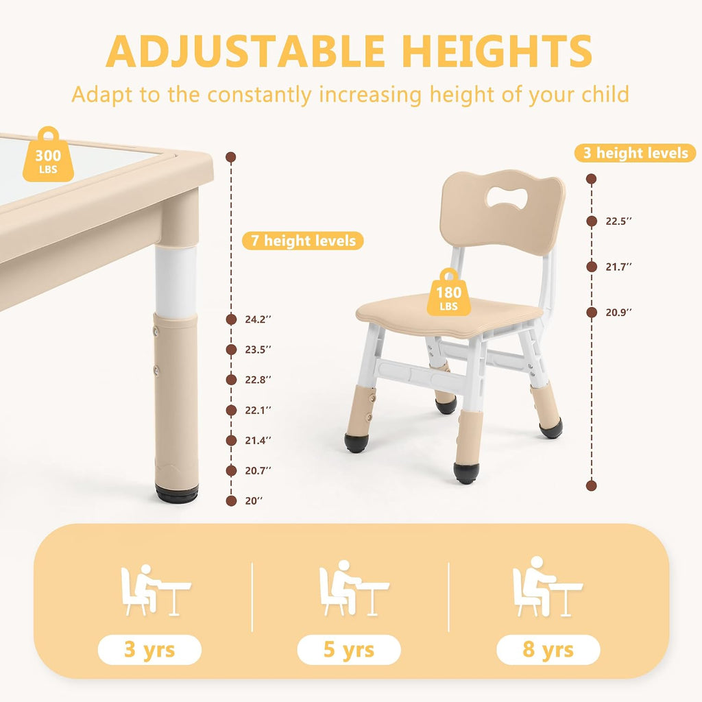 Kids Table & 2 Chairs Set, Adjustable Heights, Storage, Khaki