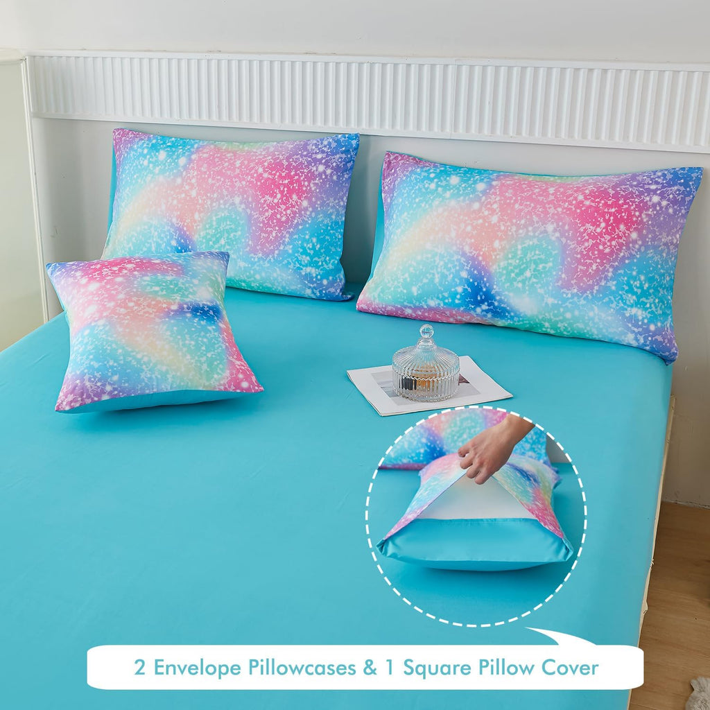 Pink Green Girls Twin Comforter Set, 6 Pieces Colorful Rainbow Kids Bedding Sets, Tie Dye Ombre Glitter Bed in A Bag