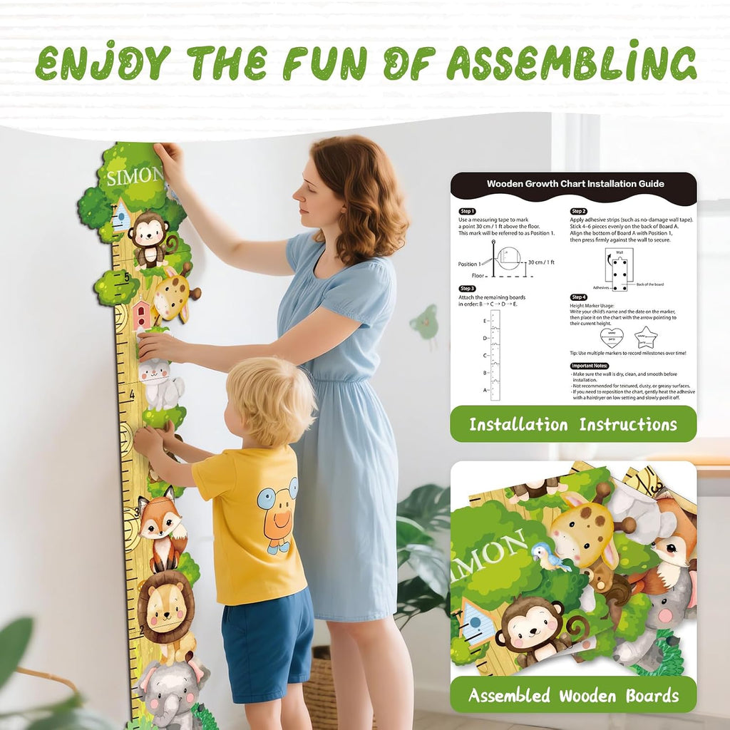 Personalized Name Wooden Growth Chart for Wall - Forest Animal Height Chart for Kids, Growth Measuring Board and Kids