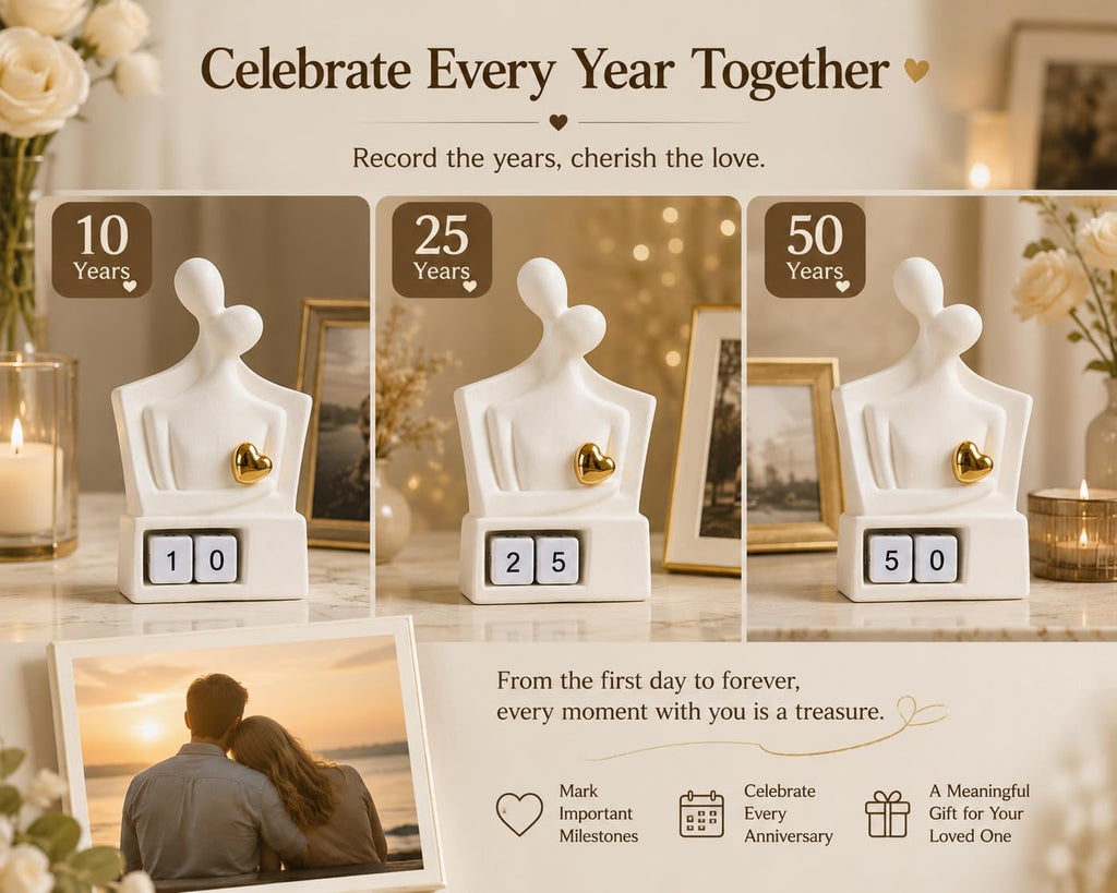 For Couples & Parents, Modern Ceramic Couple Sculpture with Fixed Gold Heart, Abstract Embrace Figurine Displays