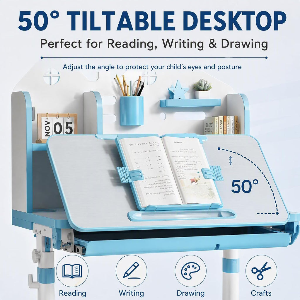 Height Adjustable Teen Study Desk, 31.5" with Chair, 50° Tiltable (Blue)
