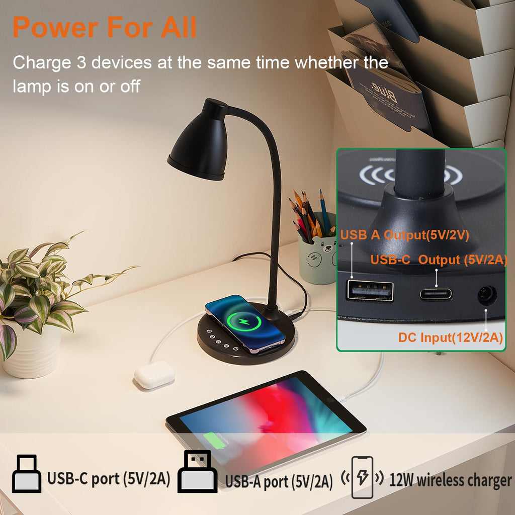 Desk Lamp with USB C+A Charging Ports Timer Black