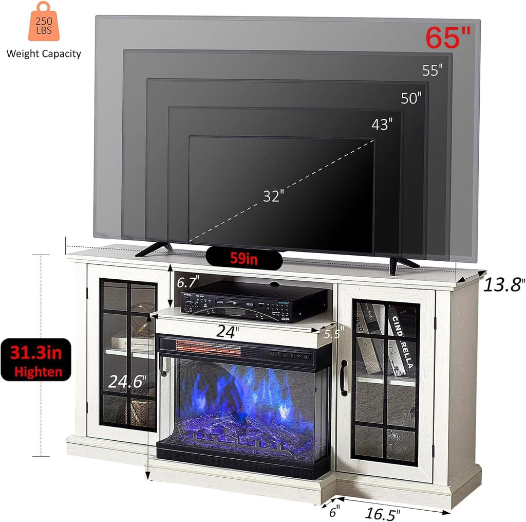 3-Sided Glass Fireplace TV Stand for TVs up to 65 Inches, Electric Fireplace Entertainment Center with 12-Color Flame and Closed Storage Cabinets, White