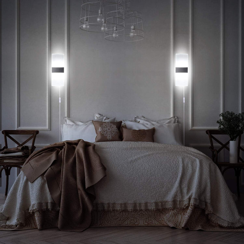 Modern Wall Sconces Set of 2, Wall Sconce Plug in 12W LED 6000K Cool White Acrylic Wall Mounted Light Wall Lights