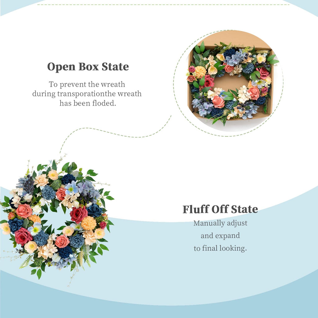22 inch Spring Wreath Artificial Flower Wreaths Spring Summer Yellow Blue Rose Hydrangea Wreaths Front Door Hallway