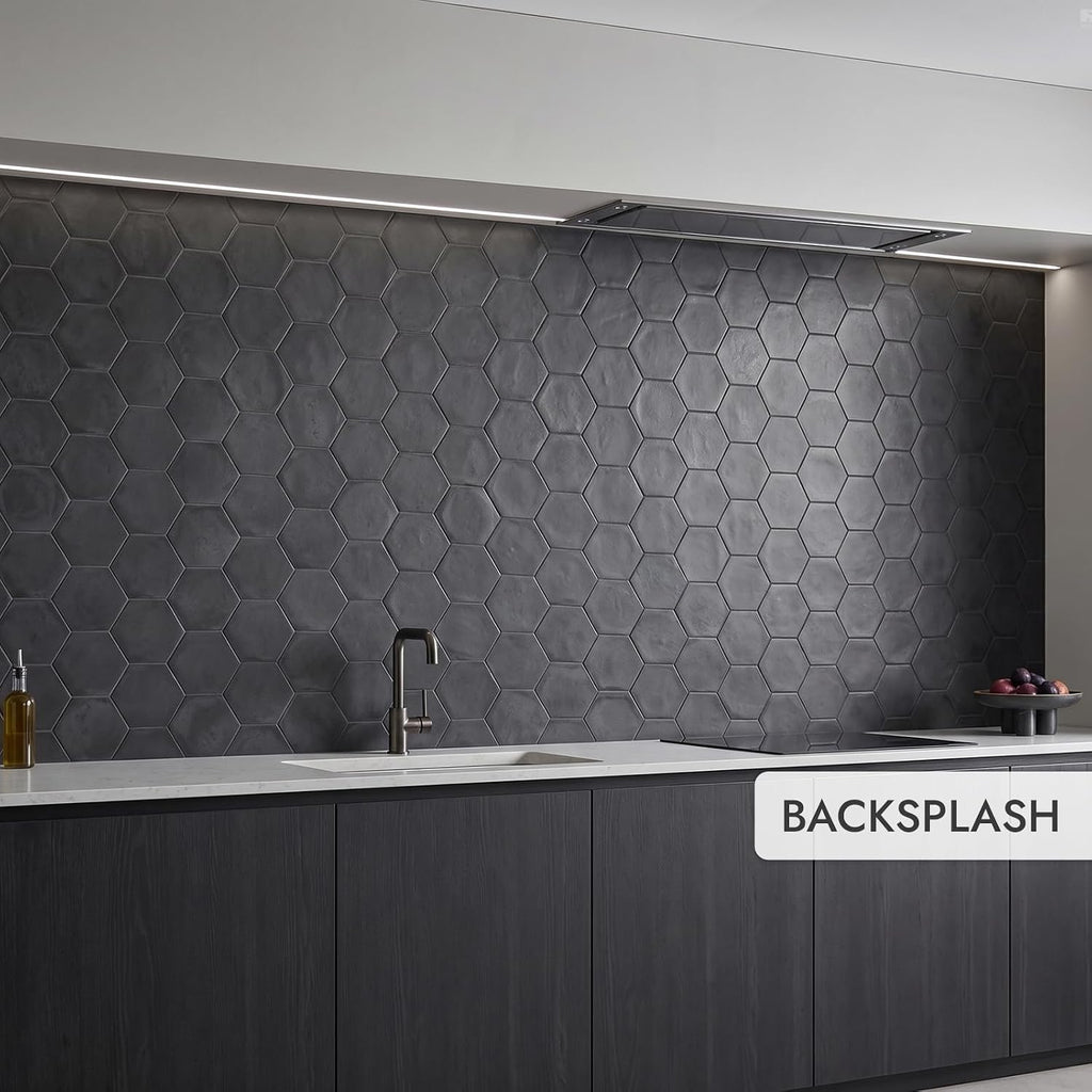 Oasis Tile Marthas Manor Montigo Chimeny Hex | 4x5 Glossy Ceramic Tile | Sleek black glossy hexagon ceramic for