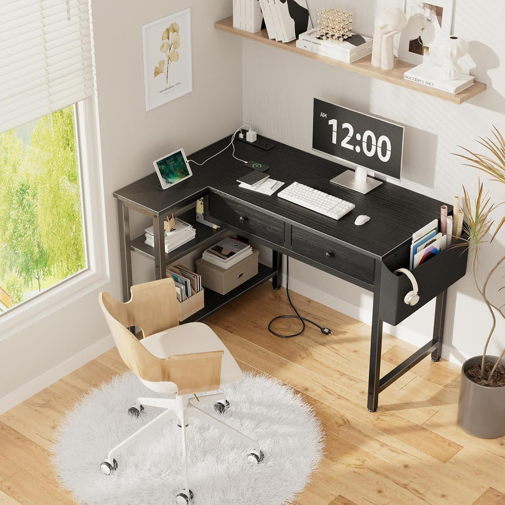 Black Corner Desk for Small Space with Drawers, Reversible Gaming L Shaped Computer Desk with Storage Shelves for