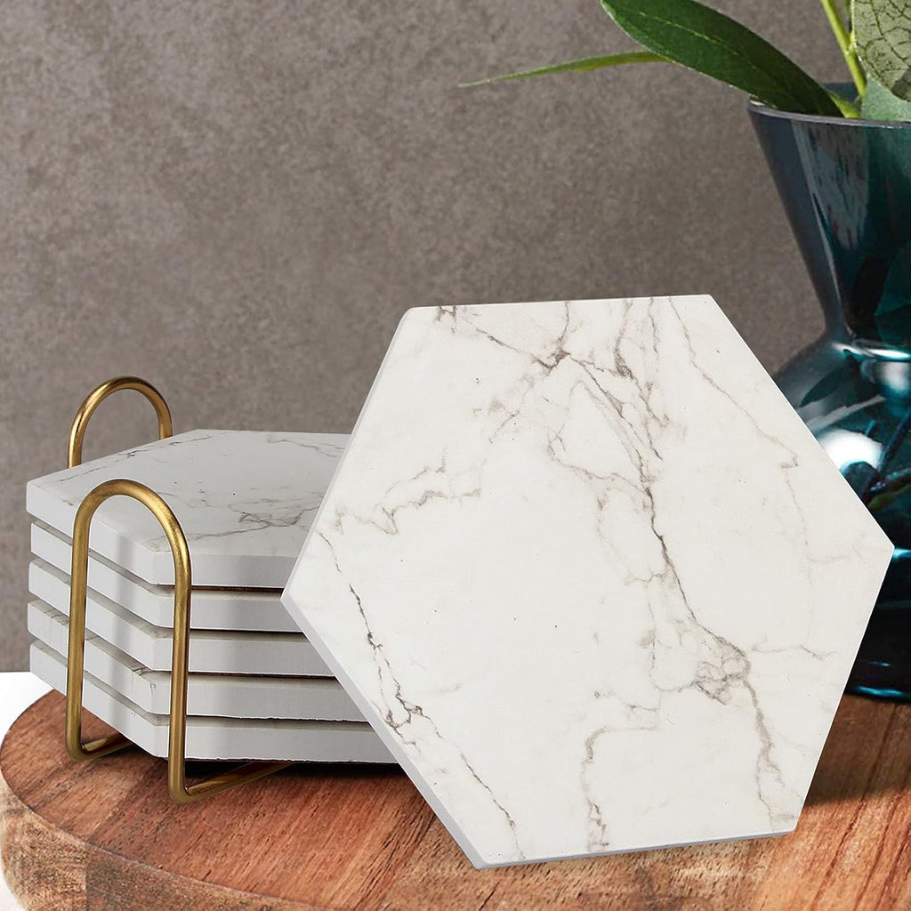 Cute Marble Absorbent Stone Coaster Set with Holder White Ceramic Coster - Set of 7