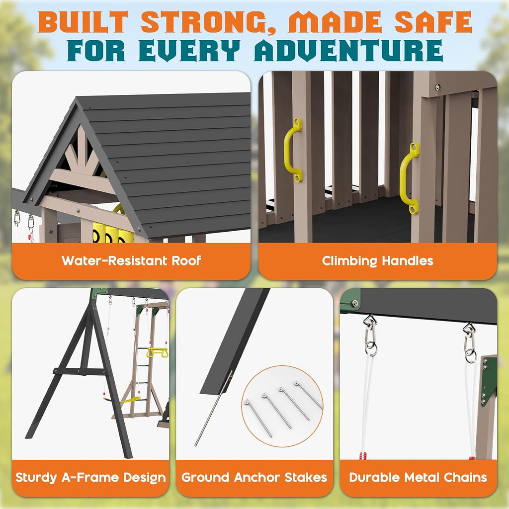 Wooden Swing Set for Kids, Outdoor Playset with Playhouse | 11-in-1 Backyard Playground, Wave Slide, 2 Swings