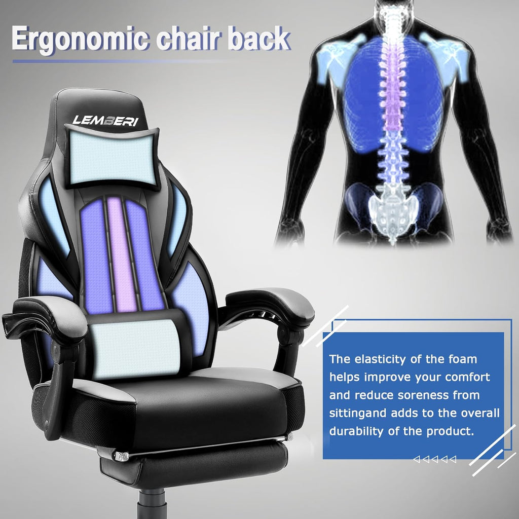 Ergonomic Gaming Chair with Footrest, 400lb Weight Capacity, Gray | Big and tall racing style computer video game