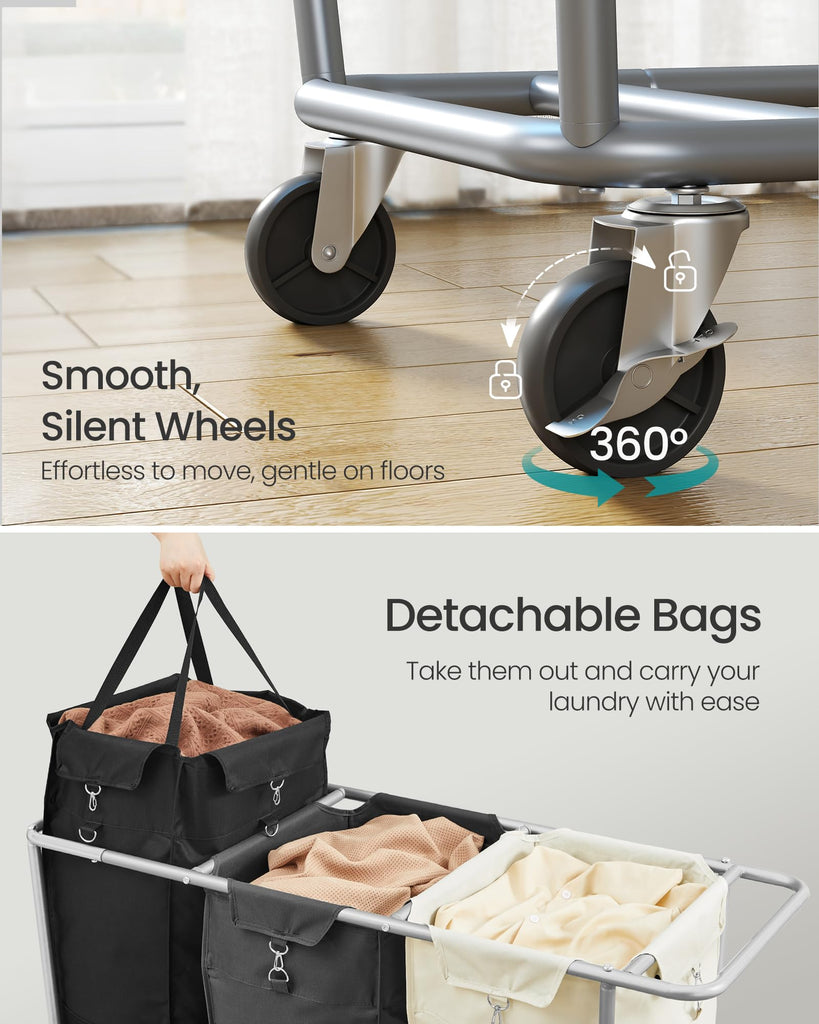 3-Section Laundry Basket with Wheels, 76.6 Gallons (290 L) Hamper