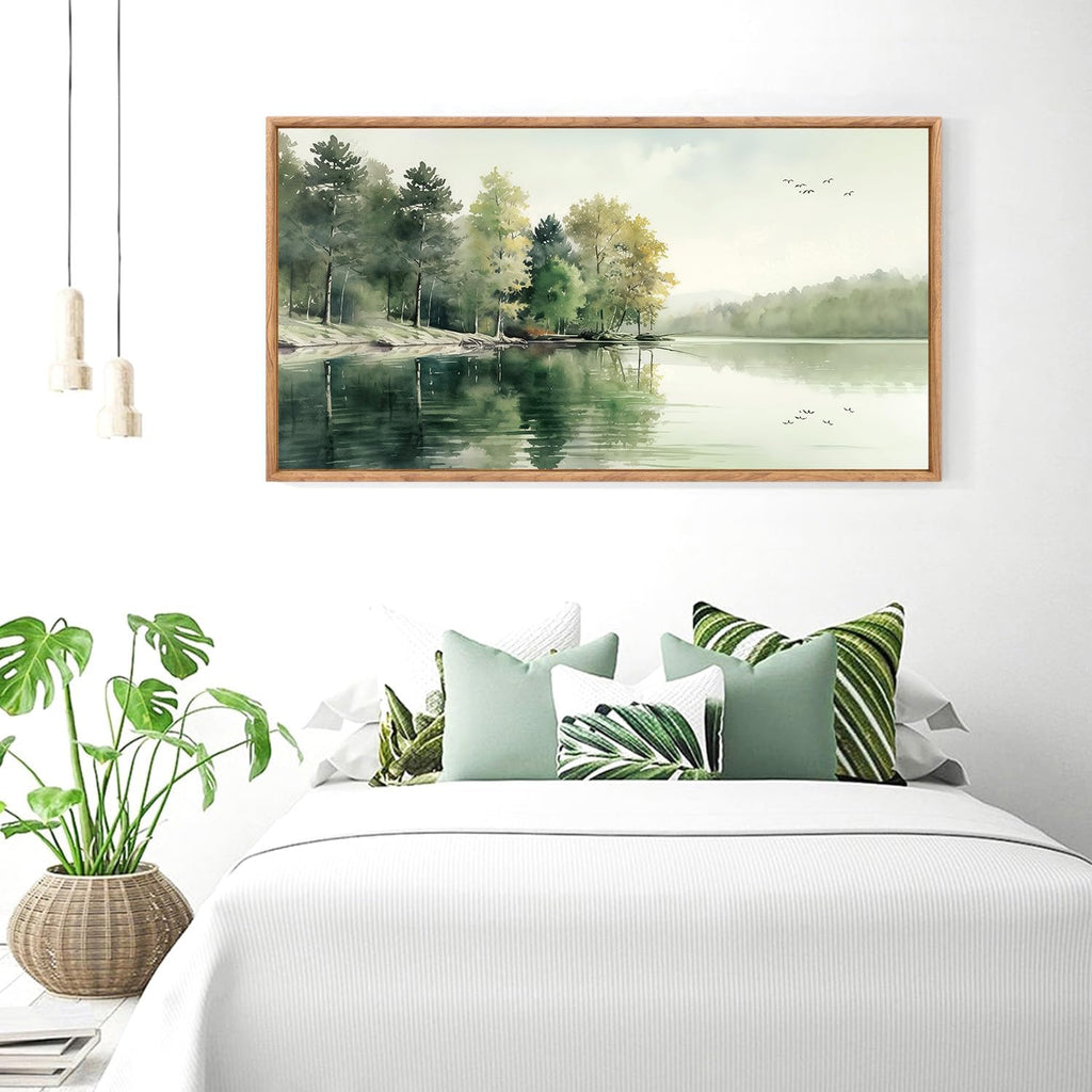Framed Nature Canvas Wall Art Set,Misty Forest Wall Decor,Green Mountain Forest Pictures,Lake Water Painting set of