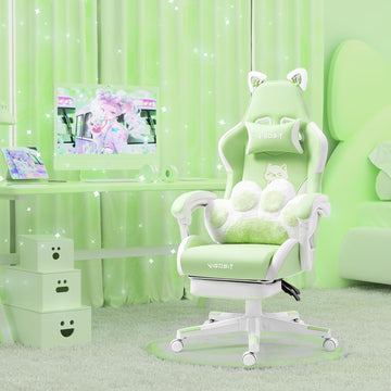 Cute Cat Ears Gaming Chair for Women Girls - Ergonomic PU Leather Office Chair with Footrest cat paw Pillow, 360°