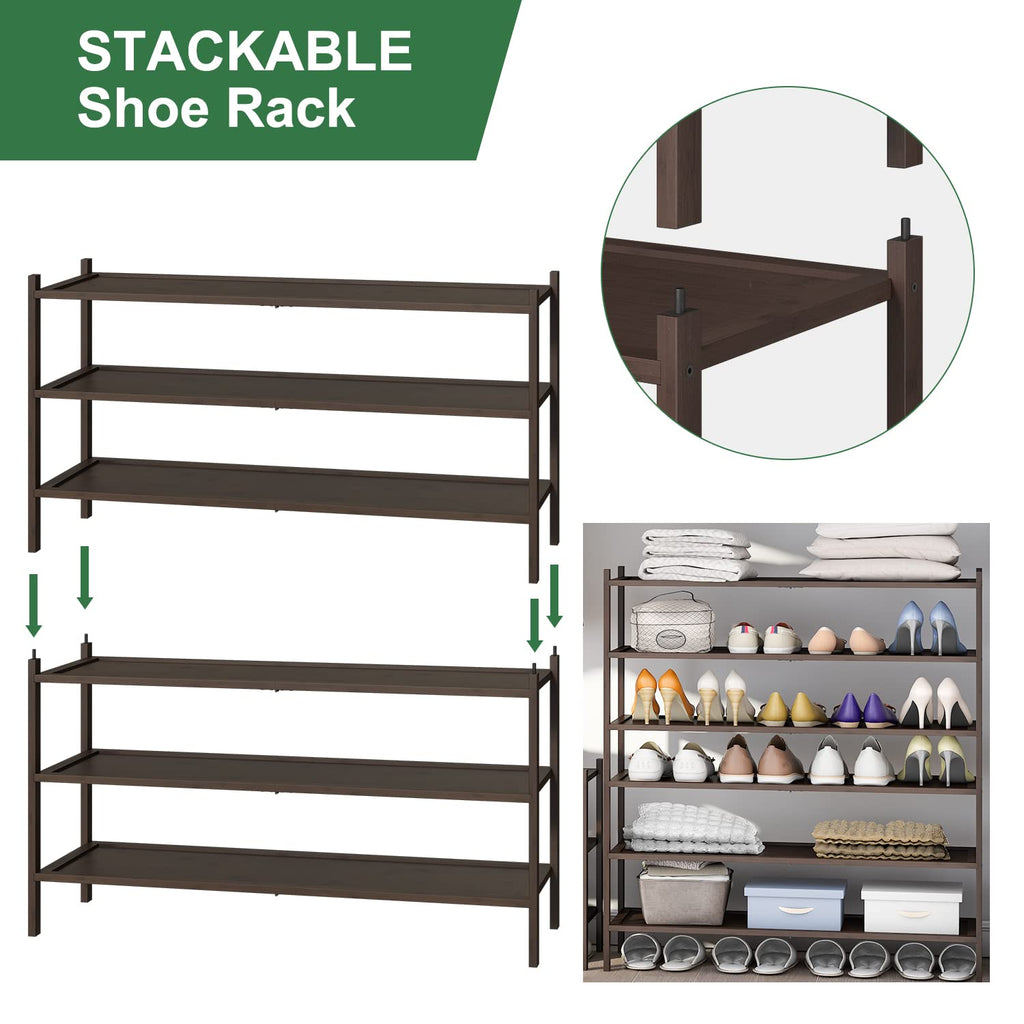 3-Tier Long Shoe Rack, Bamboo Wood Shoe Rack, Stackable | Foldable | Natural, Shoe Organizer Closet, Free Standing