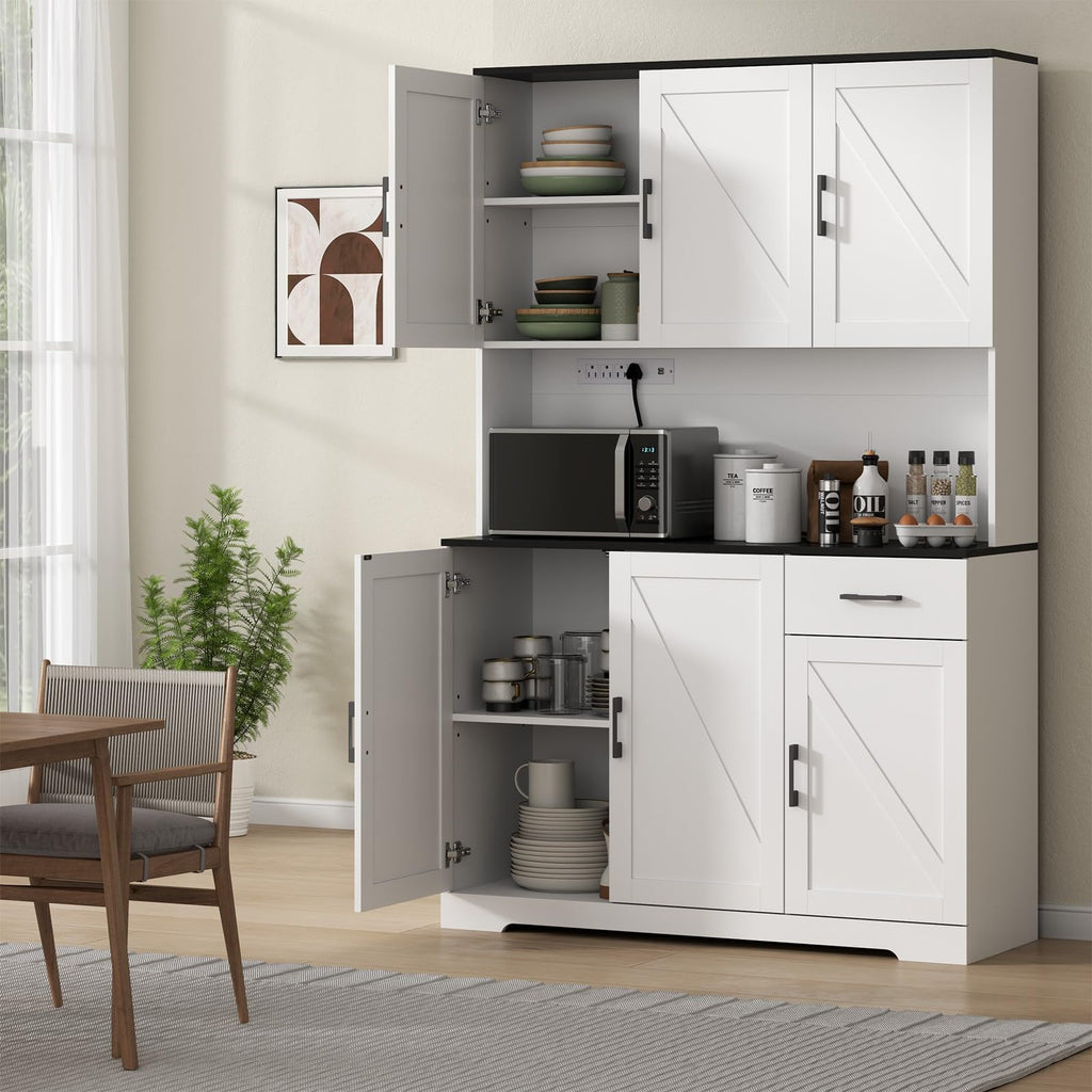 71'' Farmhouse Kitchen Pantry Cabinet, Tall Storage Cabinet with Power Outlet, Freestanding Hutch with Drawer, 4