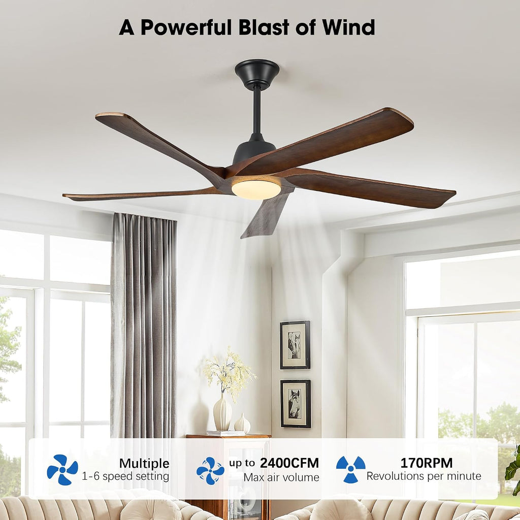Inspired Maverick Style 60 Inch Solid Wood Ceiling Fan with Light, Remote and APP Control, 3-color Dimmable, DC