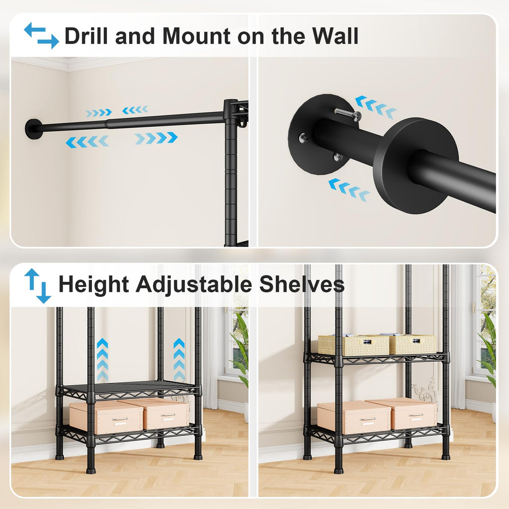 M2 Wall Mounted Closet System, Black Clothes Rack Mount onto the Wall
