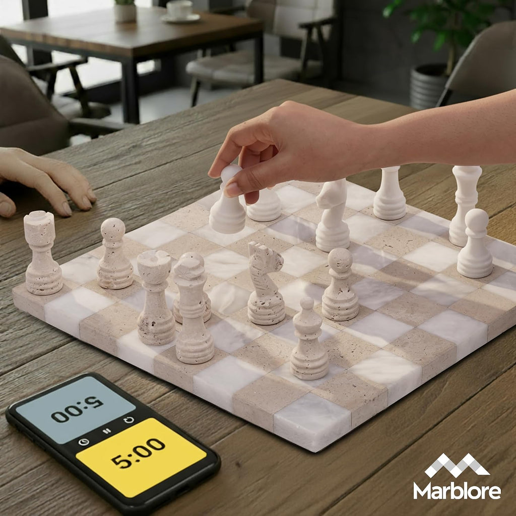 Marble Chess Sets for Adults 12 Inch White & Travertine